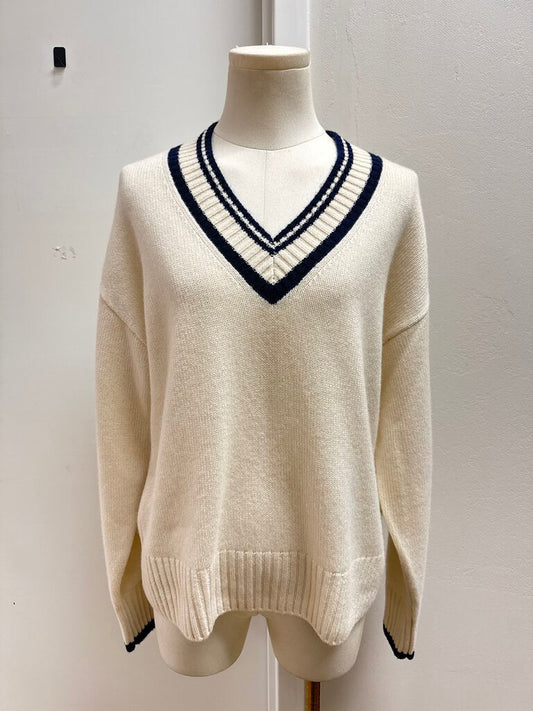 Refromation Cream V-Neck Varsity Sweater