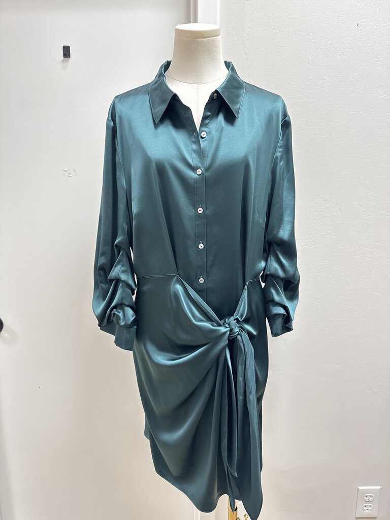 Cinq a Sept Forest Green Sateen Ruched Dress