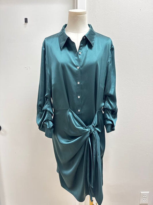 Cinq a Sept Forest Green Sateen Ruched Dress