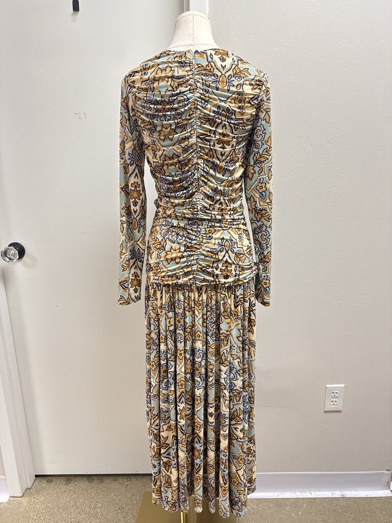 Farm Rio Beige and Blue Print Ruched Maxi Dress