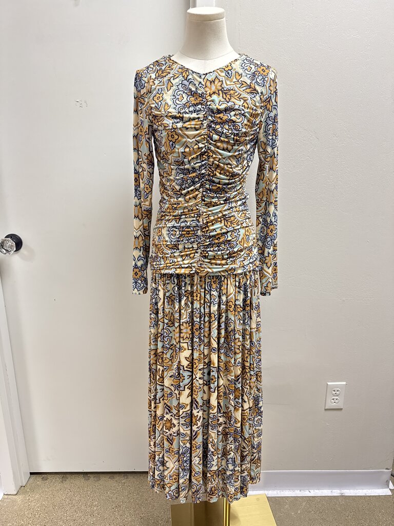 Farm Rio Beige and Blue Print Ruched Maxi Dress