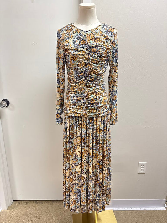 Farm Rio Beige and Blue Print Ruched Maxi Dress