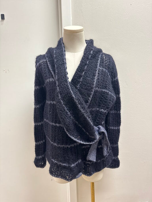 Armani Blue Open Knit Belted Sweater Cardigan