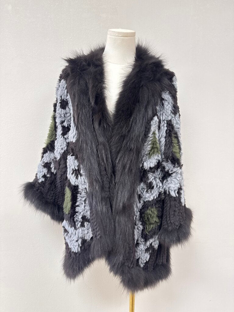 Elizabeth and James Black Diamond Print Rabbit Fur Jacket