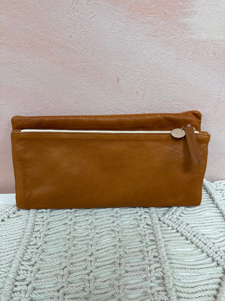 Clare V. Cognac Leather Fold Over Clutch w/Dustbag
