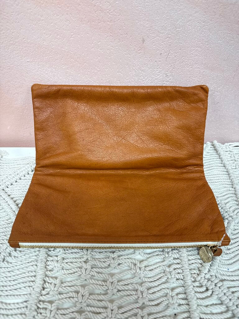 Clare V. Cognac Leather Fold Over Clutch w/Dustbag