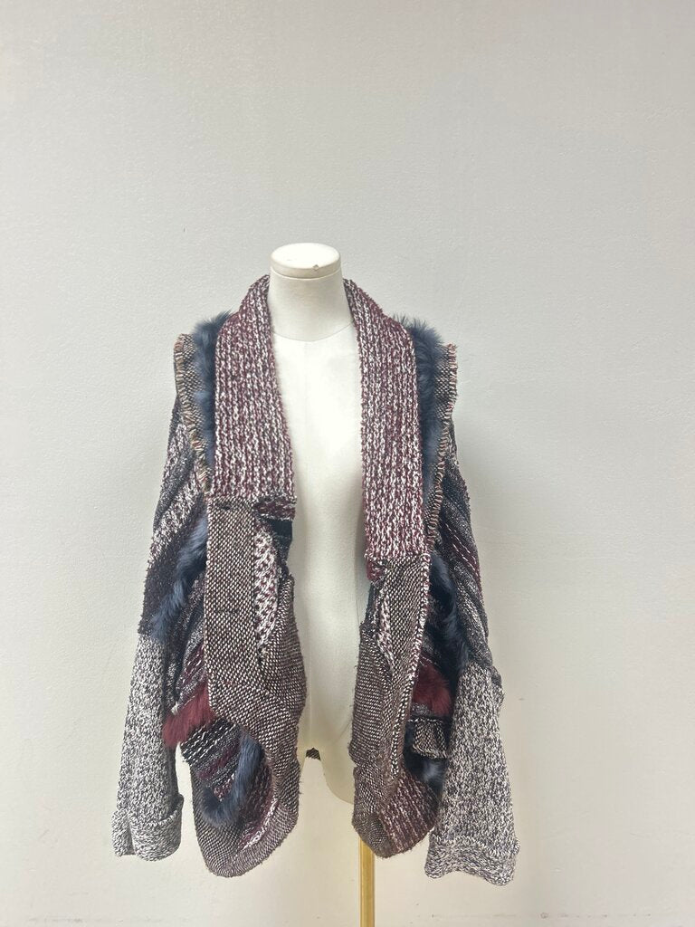 Tricot Chic Maroon Knit and Fur Patchwork Cardigan