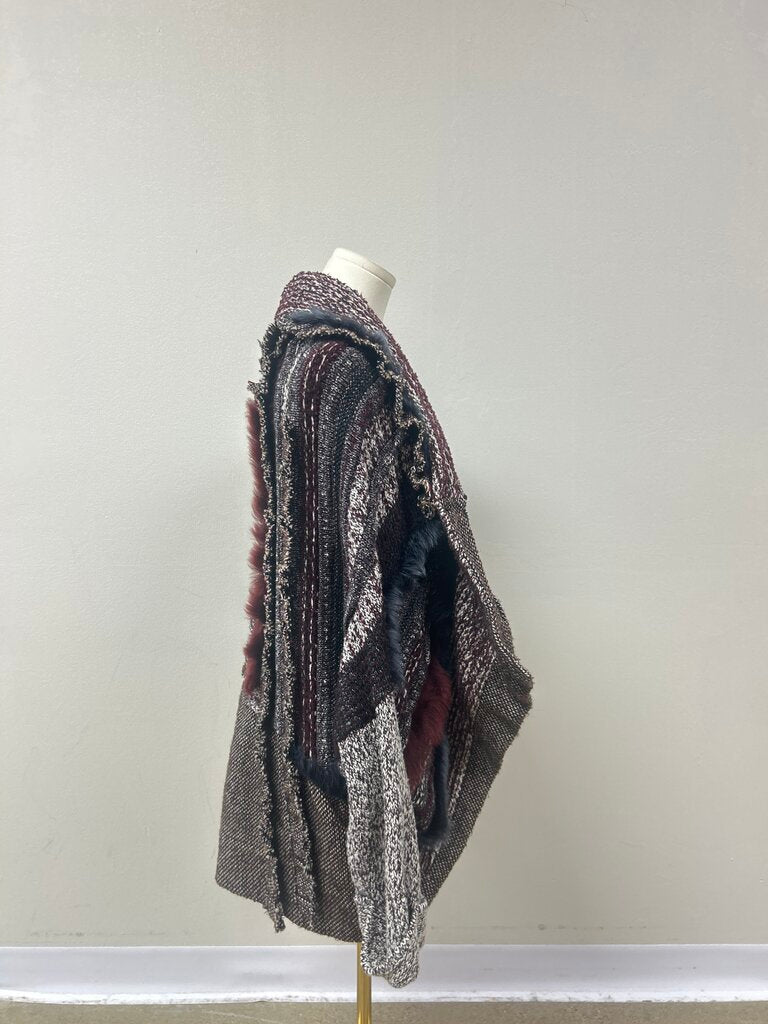 Tricot Chic Maroon Knit and Fur Patchwork Cardigan