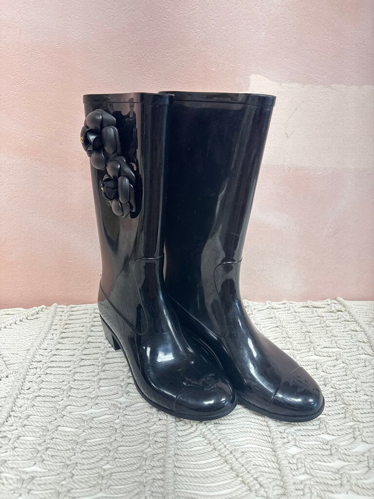Chanel Black Camellia Rubber Boot