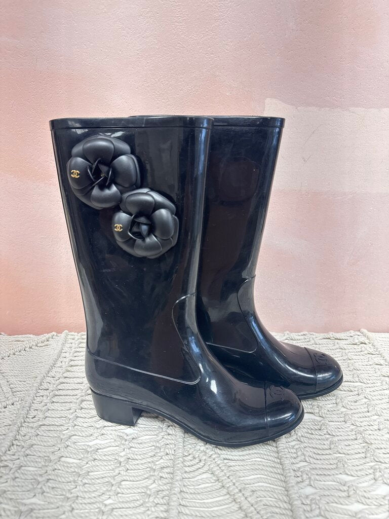 Chanel Black Camellia Rubber Boot
