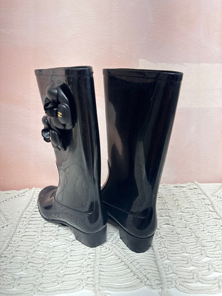 Chanel Black Camellia Rubber Boot