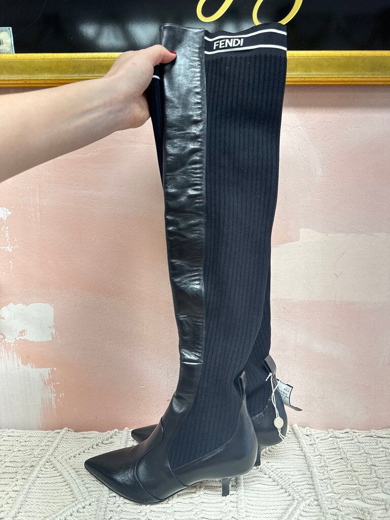 Fendi Black Tall Sock Kitten Heel Boot