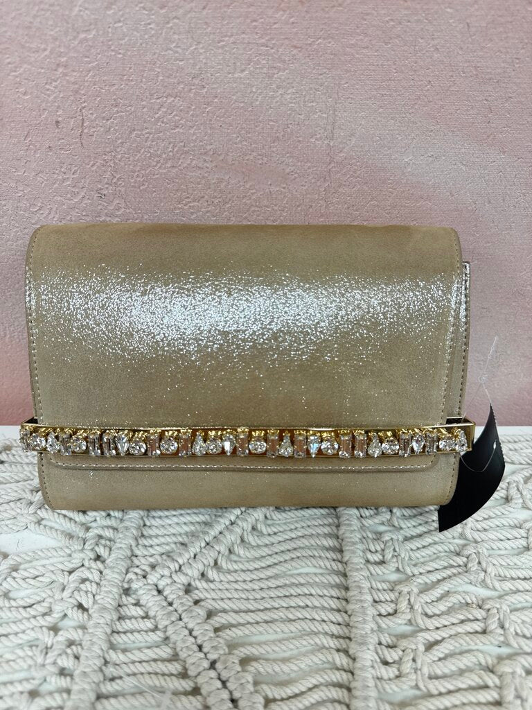 Jimmy Choo Tan Metallic and Crystal Clutch w/Box