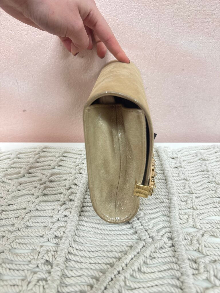 Jimmy Choo Tan Metallic and Crystal Clutch w/Box