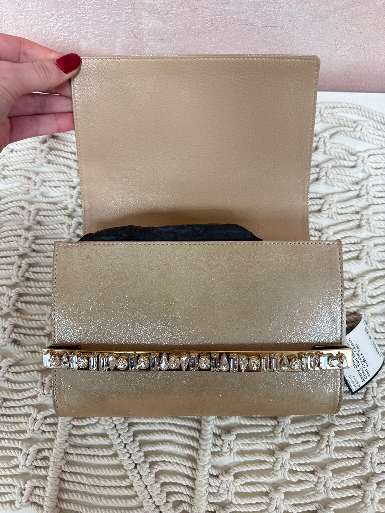 Jimmy Choo Tan Metallic and Crystal Clutch w/Box