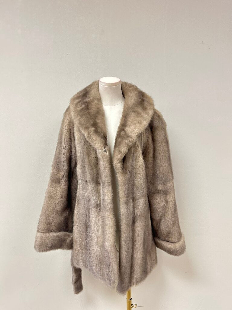 Tan Silver Blue Mink Short Belted Jacket