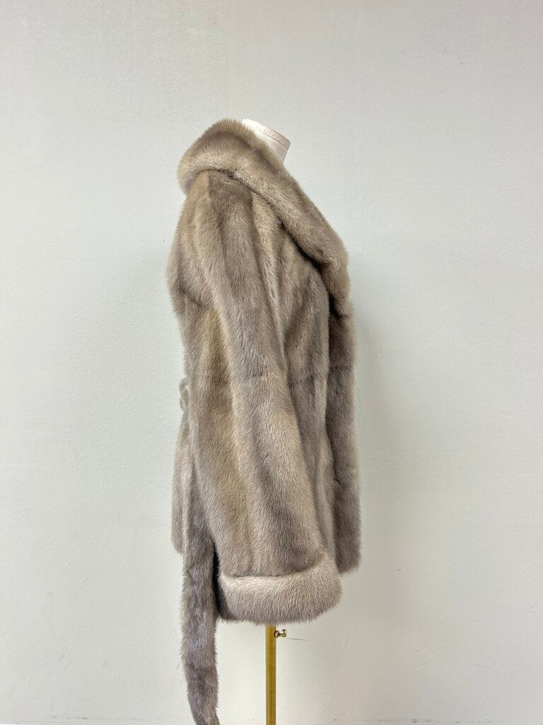 Tan Silver Blue Mink Short Belted Jacket