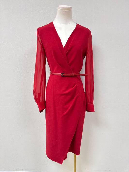 Max Mara Red Sheer Sleeve Belted Dress