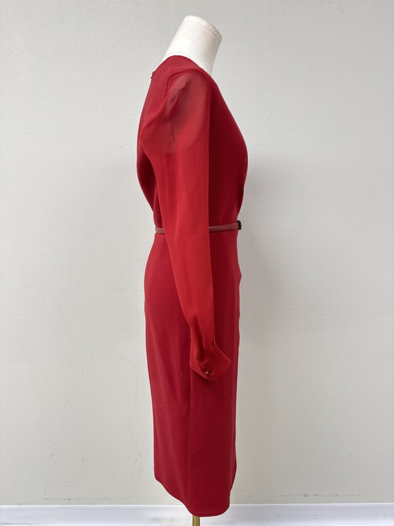 Max Mara Red Sheer Sleeve Belted Dress