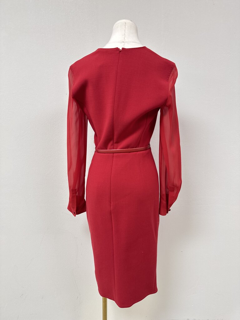Max Mara Red Sheer Sleeve Belted Dress