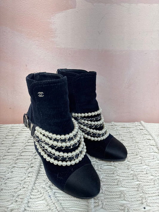 Chanel Navy Corduroy and Pearl Boots