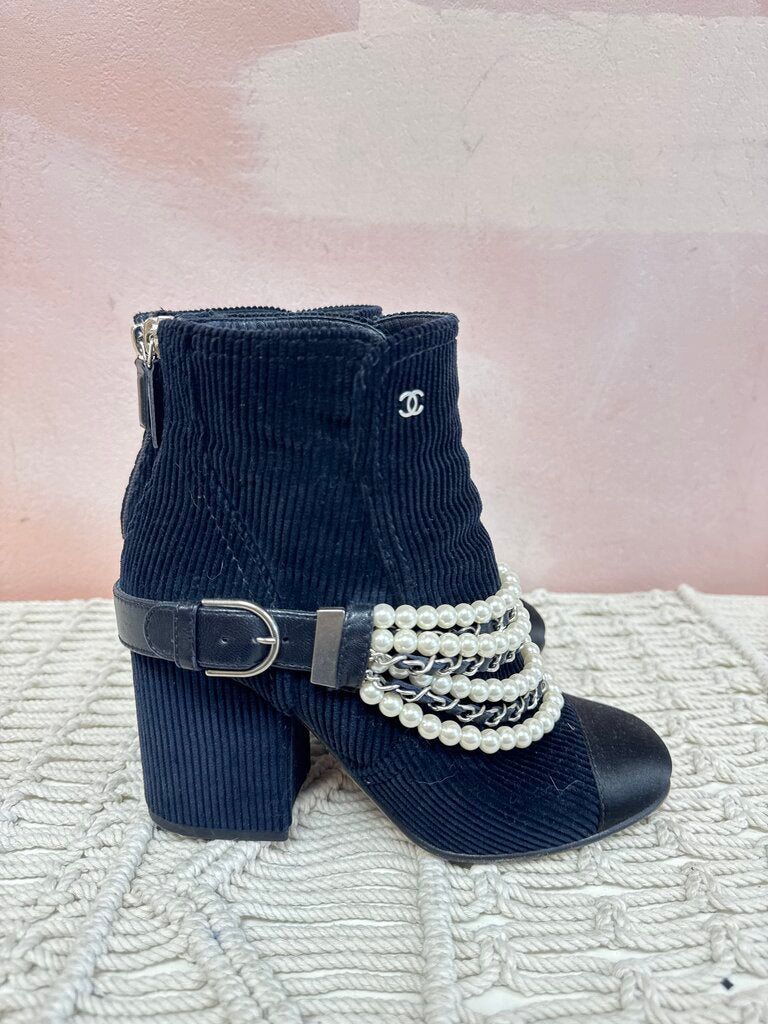 Chanel Navy Corduroy and Pearl Boots
