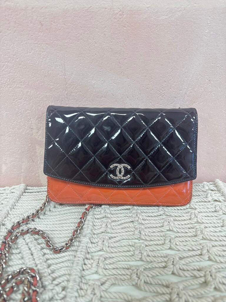 Chanel Black and Orange Patent Quilted Wallet on a Chain '10-11 w/Box