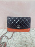 Chanel Black and Orange Patent Quilted Wallet on a Chain '10-11 w/Box