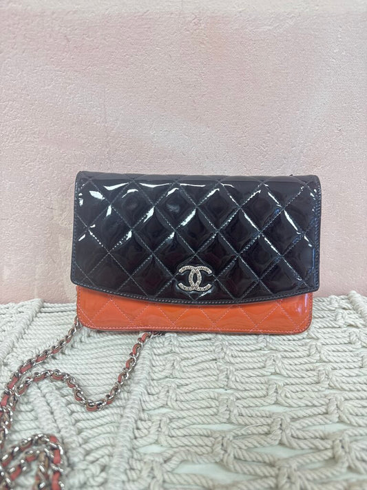 Chanel Black and Orange Patent Quilted Wallet on a Chain '10-11 w/Box