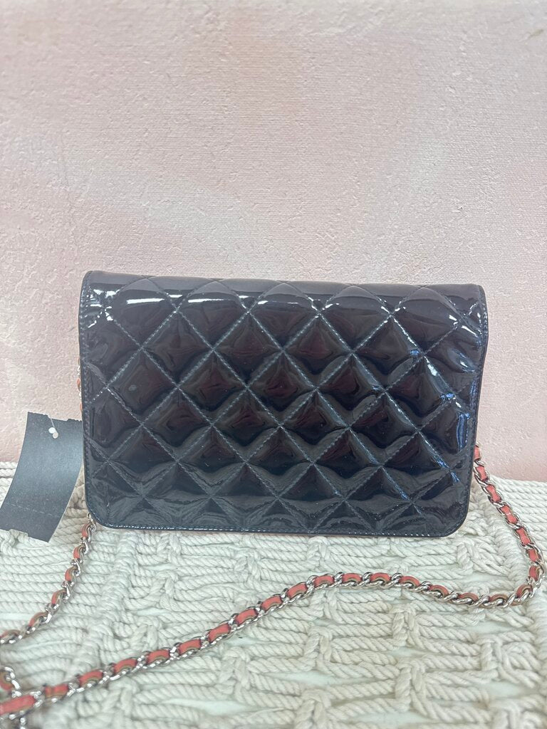 Chanel Black and Orange Patent Quilted Wallet on a Chain '10-11 w/Box