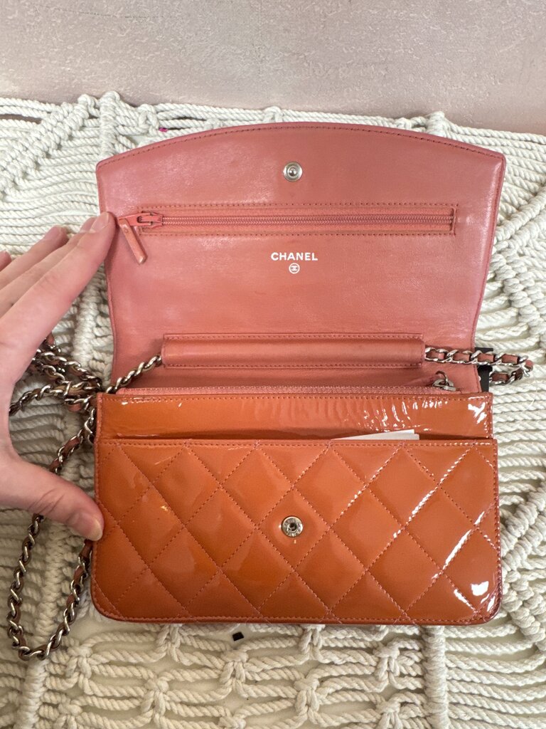 Chanel Black and Orange Patent Quilted Wallet on a Chain '10-11 w/Box