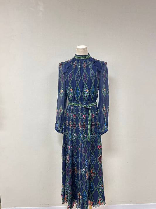 Saloni Blue Floral Mock Neck Belted Maxi Dress