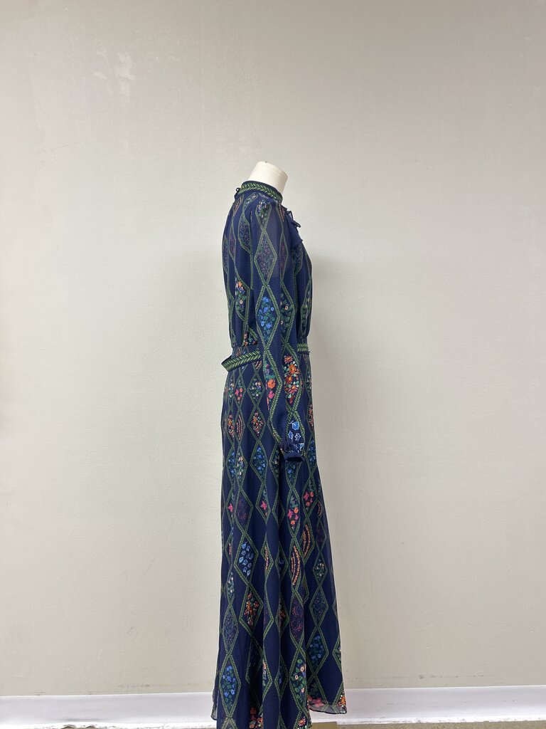 Saloni Blue Floral Mock Neck Belted Maxi Dress