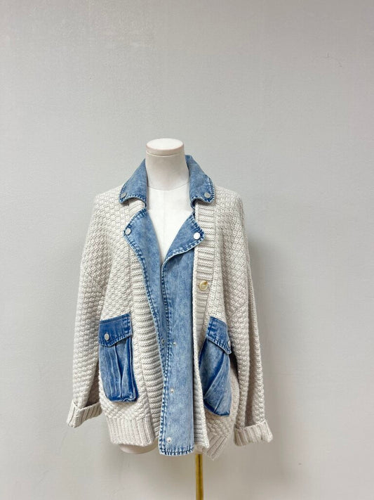 Blank NYC Cream Knit and Denim Cardigan