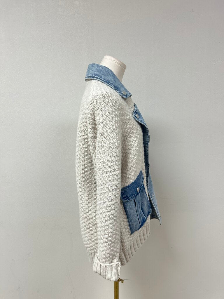 Blank NYC Cream Knit and Denim Cardigan