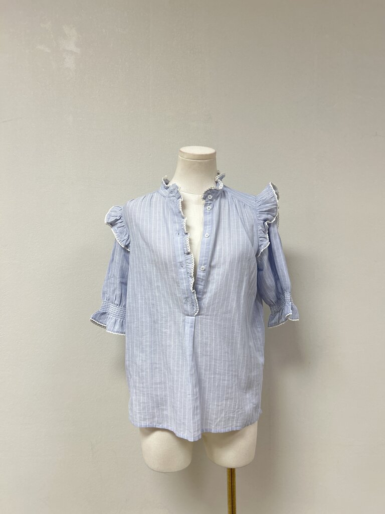 Me + Em Chambray Striped Ruffle Top