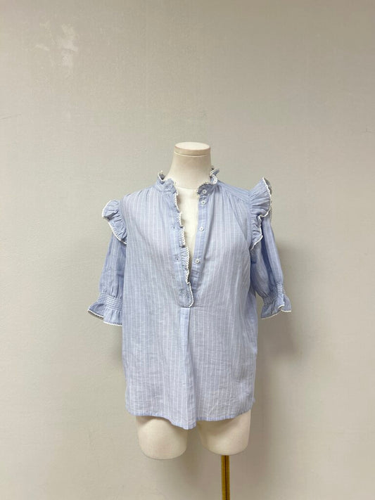 Me + Em Chambray Striped Ruffle Top