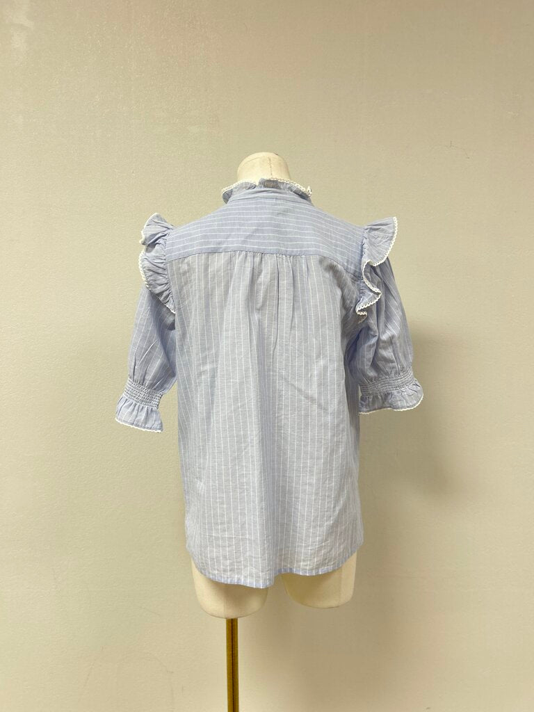 Me + Em Chambray Striped Ruffle Top