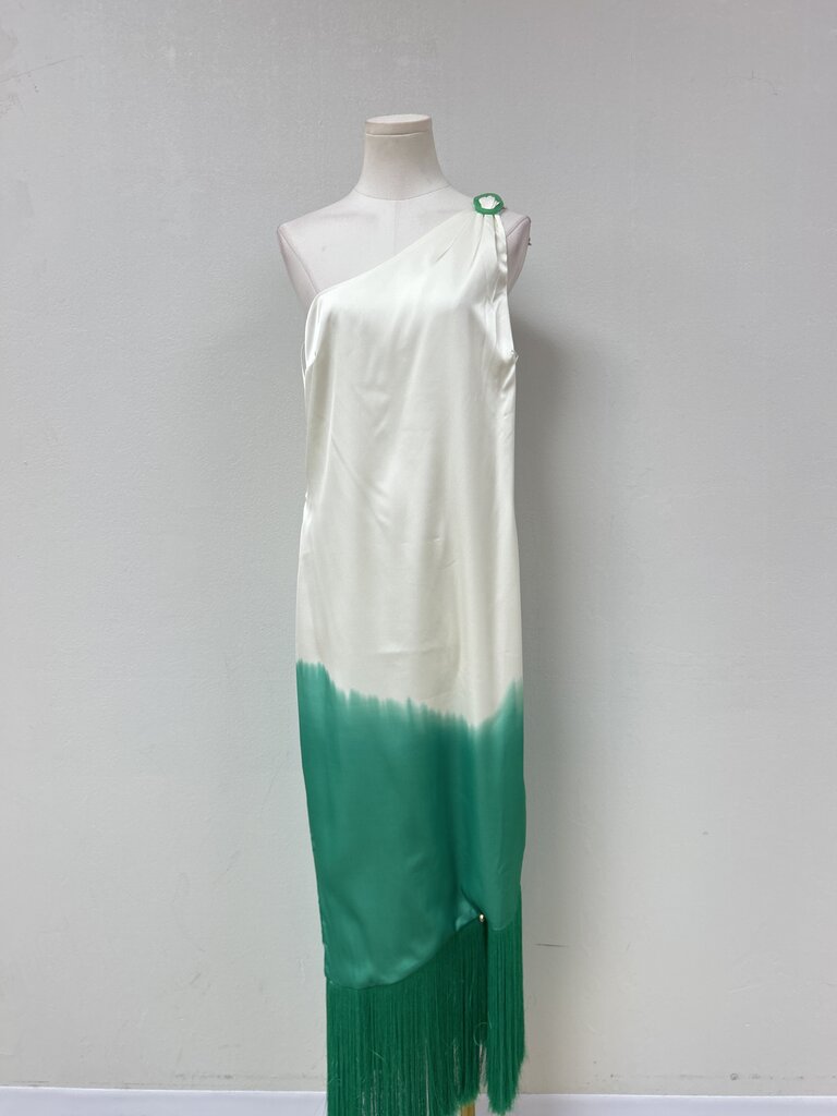 Baobab Ivory and Green Fringe Maxi Dress NWT