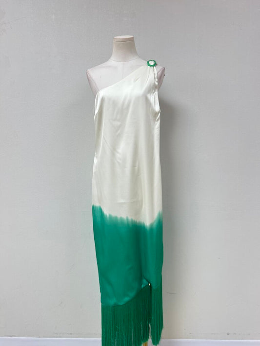 Baobab Ivory and Green Fringe Maxi Dress NWT