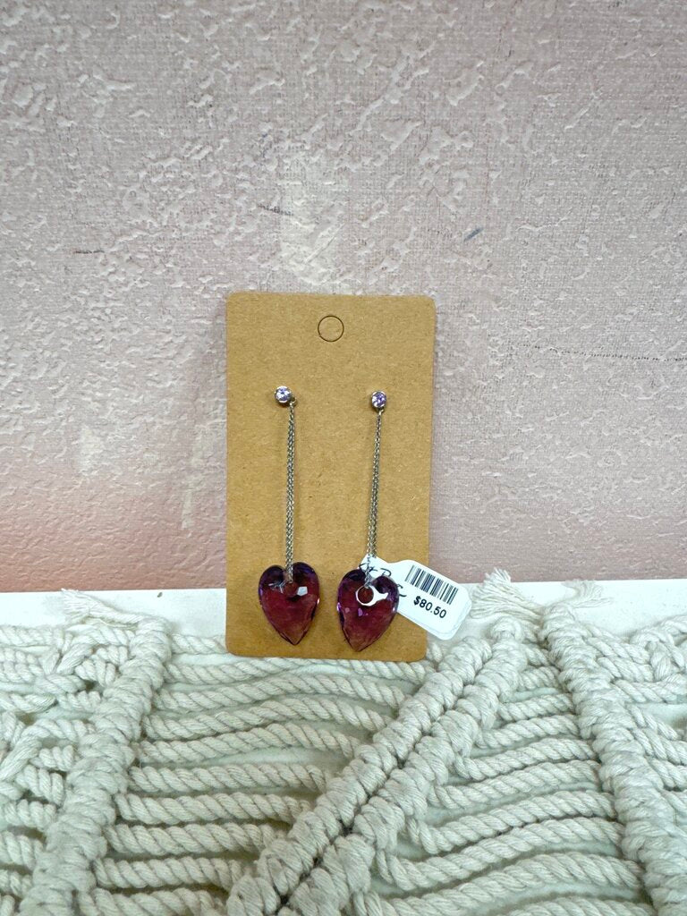 Swarovski Purple Crystal Dangle Heart Earrings w/BOx