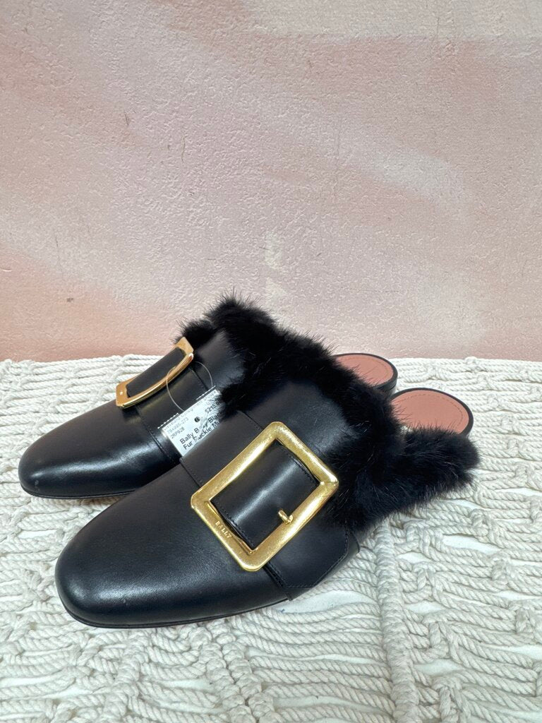 Bally Black Fur Buckle Mules w/Box