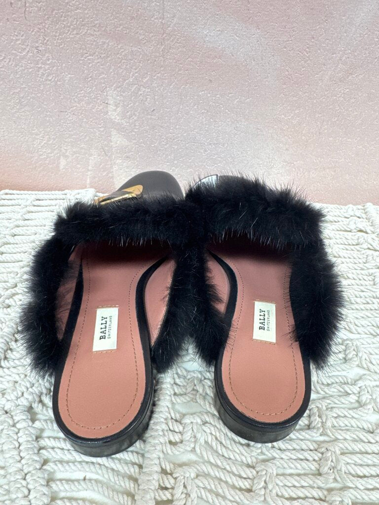 Bally Black Fur Buckle Mules w/Box