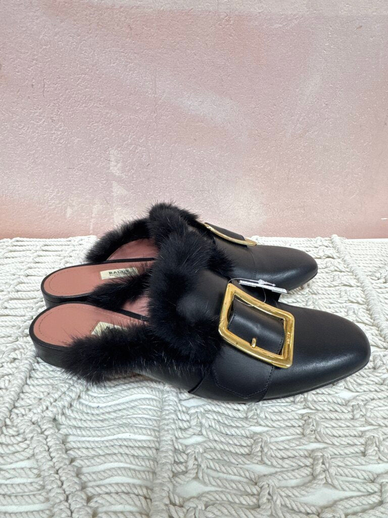 Bally Black Fur Buckle Mules w/Box