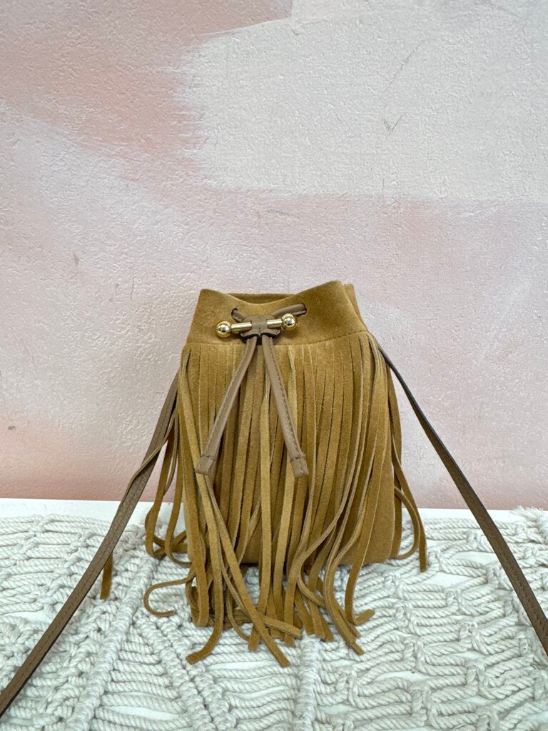Strathberry x Cinq a Sept Camel Suede Fringe Crossbody w/BOx