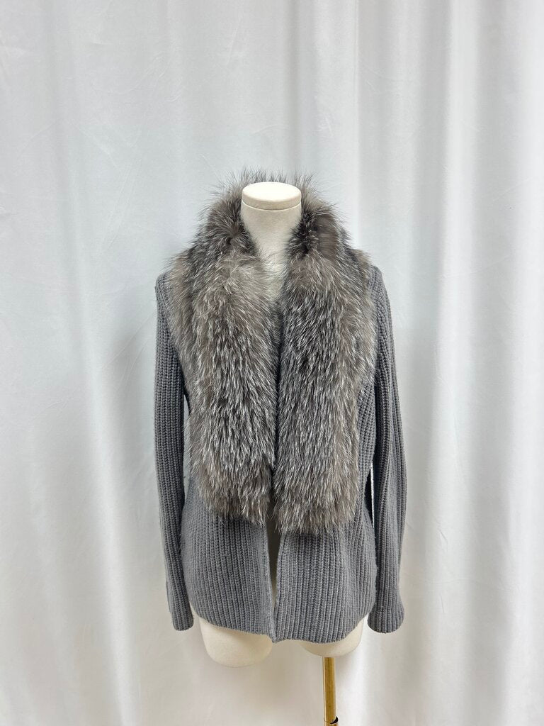 Brunello Cucinelli Grey Cashmere Raccoon Collar Cardigan w/Garmet Bag