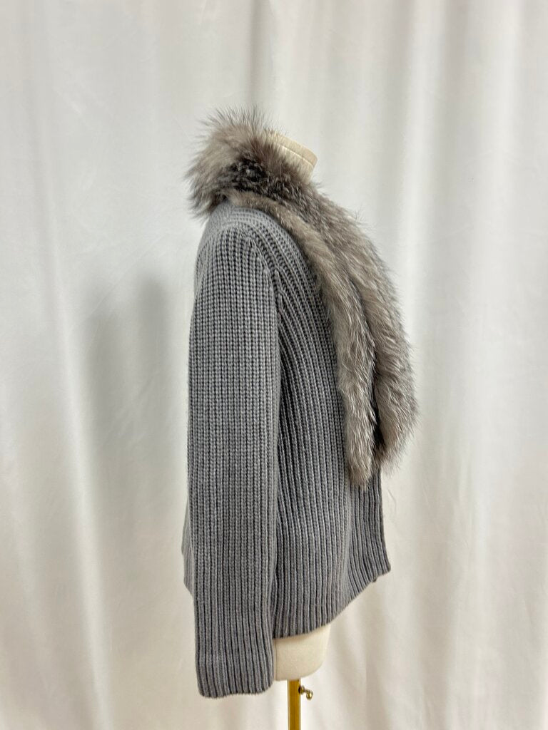 Brunello Cucinelli Grey Cashmere Raccoon Collar Cardigan w/Garmet Bag