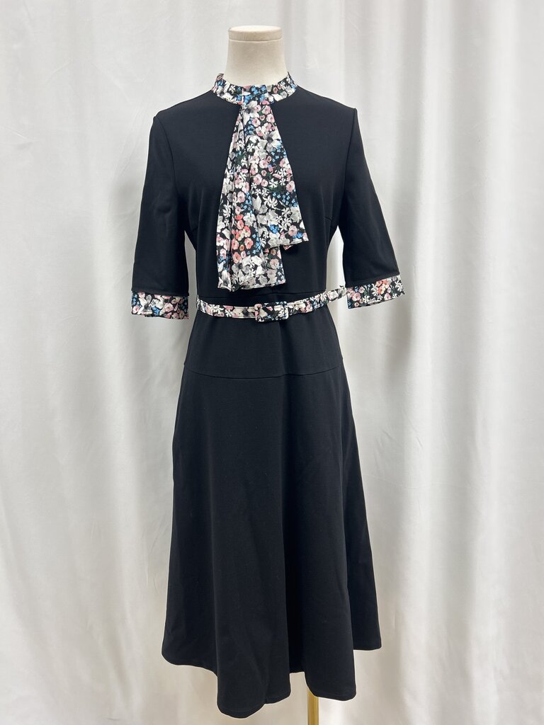 Erdem Black Floral Trim Belted Dress