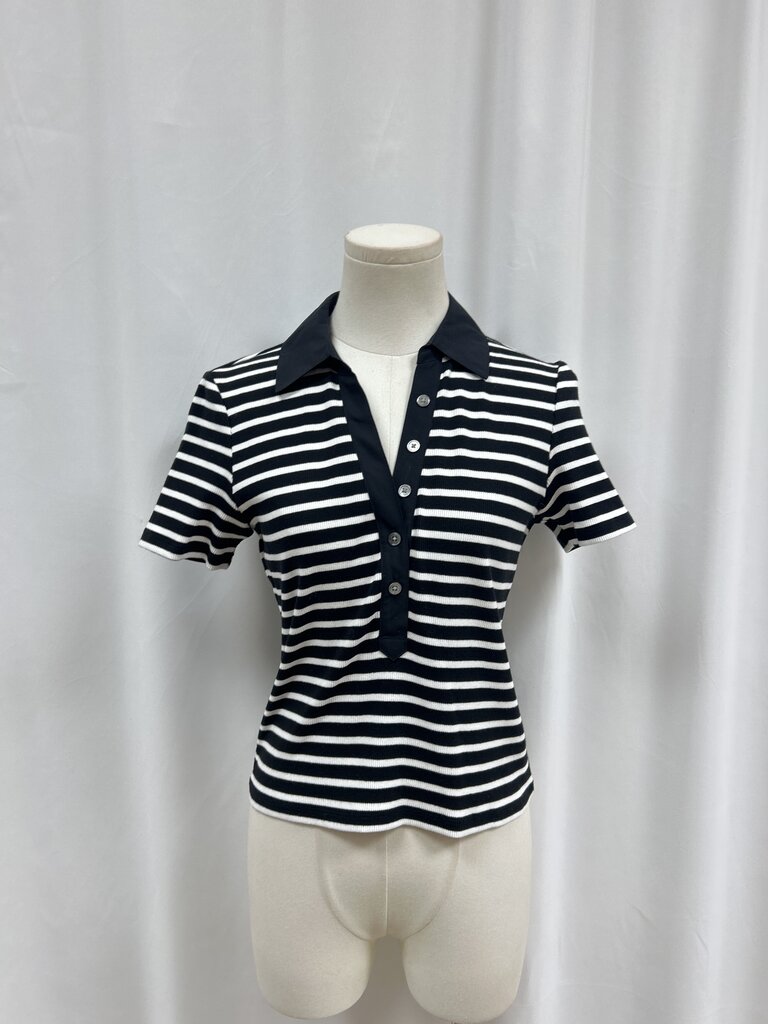 Veronica Beard Black and White Striped Ribbed Polo
