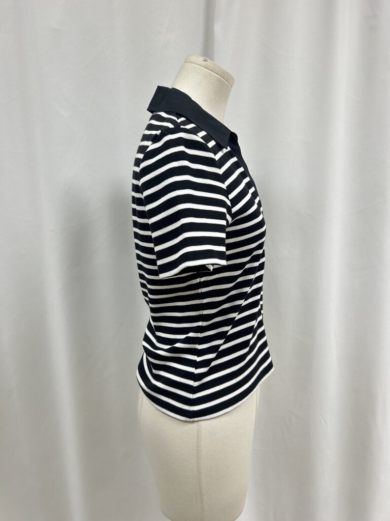 Veronica Beard Black and White Striped Ribbed Polo